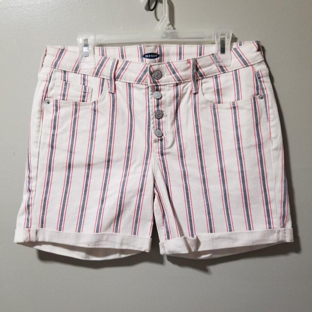 Old Navy Stripe Shorts Retro Button Fly Cuffs Stretch Women's 12